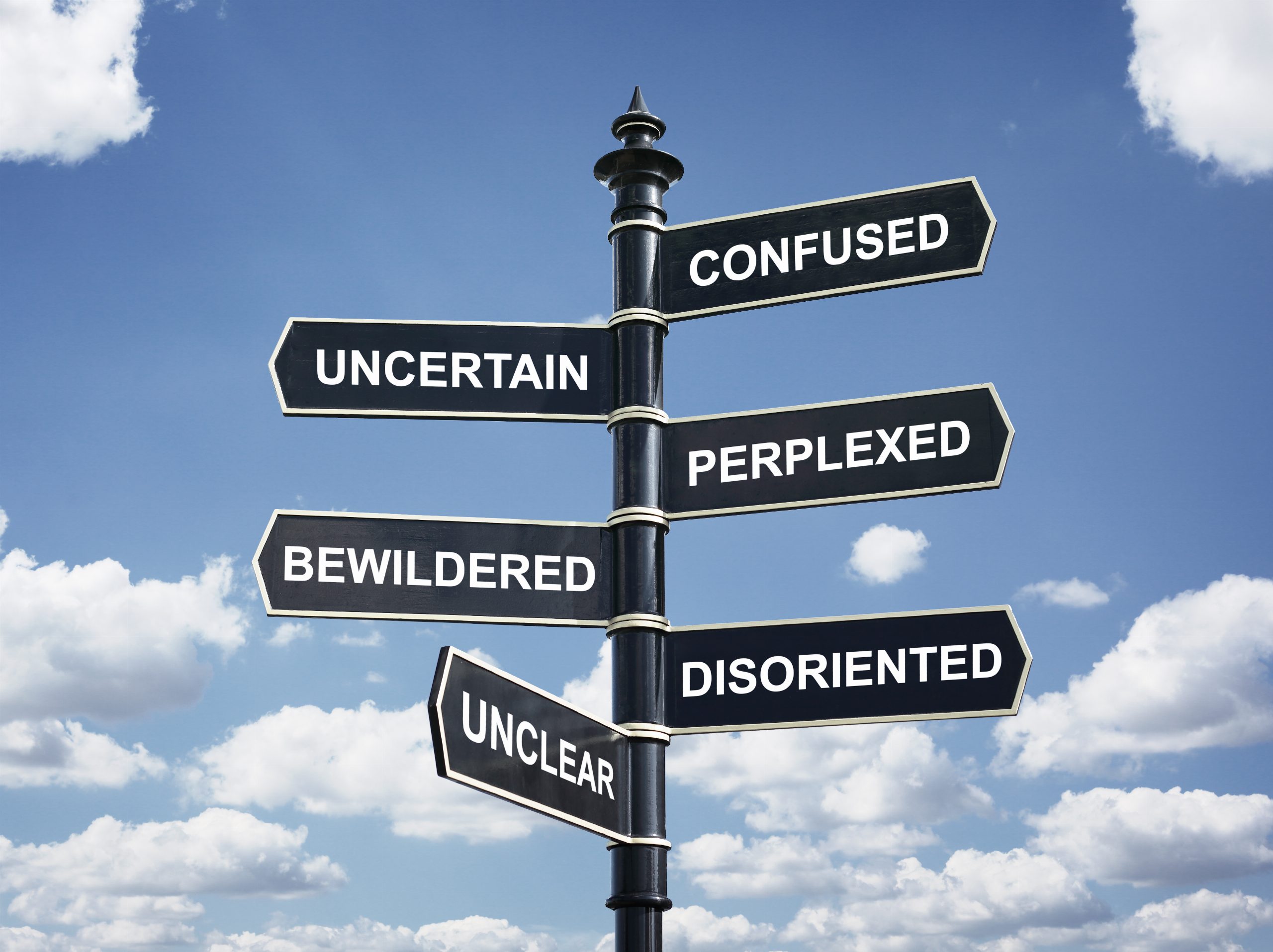 Signpost against a blue sky with arrows reading confused, uncertain, perplexed, bewildered, disoriented and unclear