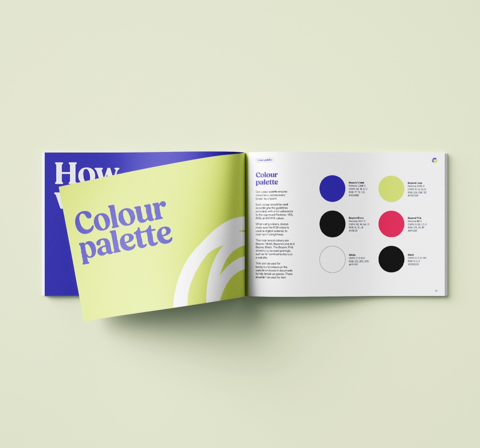 The Beyond brand guidelines open on the colour palette spread
